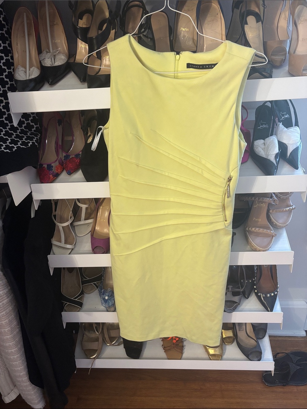 Ivanka Trump Lemon Yellow Sleeveless Sheath Dress with Asymmetric Pleats